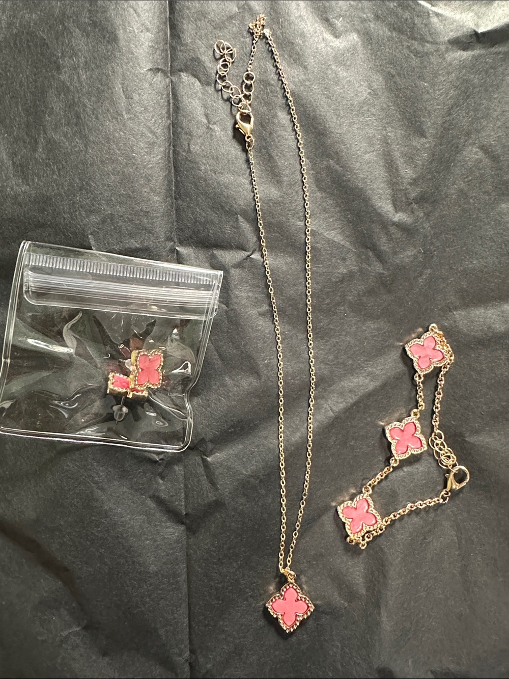 Gold-Tone Pink Clover Pendant Necklace and Bracelet Set -
